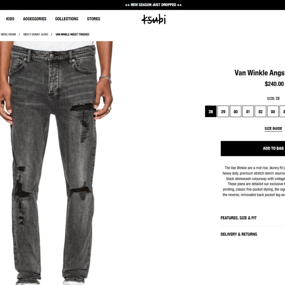 NWOT Ksubi Van Winkle Angst Charcoal Distressed Jeans Size 36